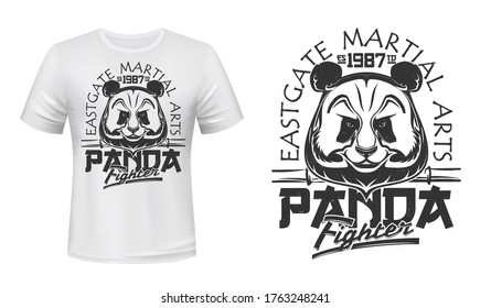 Panda, fighting club vector t-shirt print mockup of martial arts and combat sport design. Custom apparel template with Asian panda bear, wild animal head with bamboo stick monochrome grunge mock up