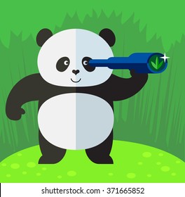 Panda  find money by spyglass. Flat style vector illustration on Green background. National emblem of China