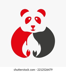 Plantilla de vectores de concepto de espacio negativo del logotipo de incendio de Panda. Símbolo de fuego de Panda Holding