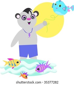 Panda with Fish Kite Vector