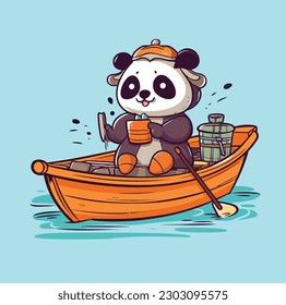 Panda Fishing With Boat Vector Cartoon Icon Mascot Illustration