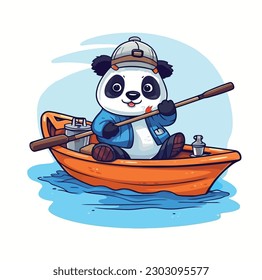 Panda Fishing With Boat Vector Cartoon Icon Mascot Illustration