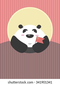 Panda with a flag  of China in the hands in the background of evening sun