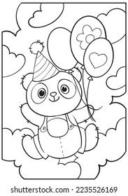 Panda flies on balloons. Coloring book for kids.