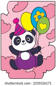 Panda flies on balloons. Coloring book for kids.