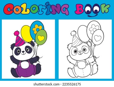 Panda flies on balloons. Coloring book for kids.