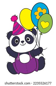 Panda flies on balloons. Coloring book for kids.