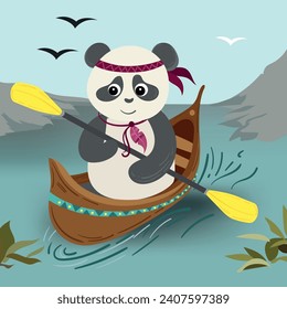 Un panda flota en un bote en el agua del río. El oso panda se dedica a los deportes náuticos, remando en canoa. Estilo llano de la depuración tribal de Boho. Verano, primavera