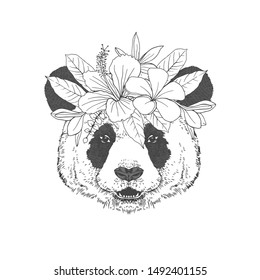 Panda with floral wreath hand drawn sketch. Cute bear head black ink illustration. Extinct Chinese mammal with blooming Hibiscus, Plumeria, Strelitzia plants engraving. Animalistic tattoo idea