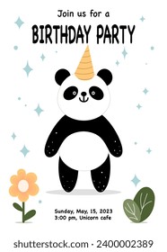 Panda with flower. Party invitation template for birthday, greeting card with panda and stars. Birthday card, banner, invitation, flyer.
