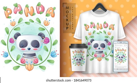 Panda in flower - poster and merchandising. Vector eps 10