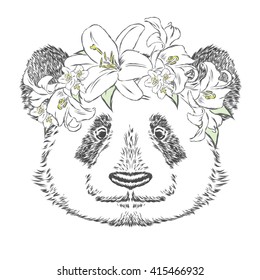 Panda in a flower wreath. Vector illustration.