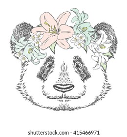 Panda in a flower wreath. Vector illustration.