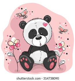 Panda with flowers and butterflies on a meadow
