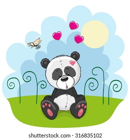 Panda with flowers and butterflies on a meadow
