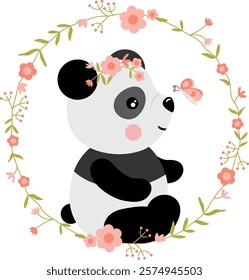 Panda with Flowers and Butterfly in a Circular Floral Frame