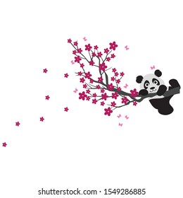 Panda and flowers on blossom branch - Vector