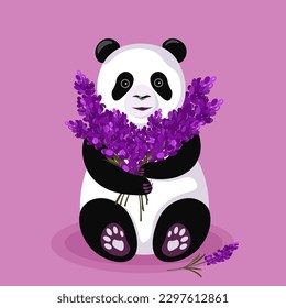 panda with flowers on a pink background, happy birthday panda, purple flowers, lavender, lilac, panda,happy
