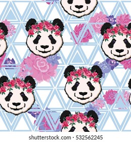 Panda and flowers - vector illustration