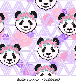 Panda and flowers - vector illustration