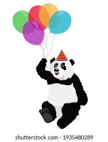 The panda is flying with colored balloons in the air on a white background. Black and white Chinese bear cub. Vector birthday greeting card, poster design template.