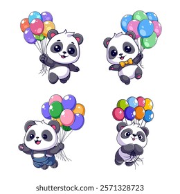 Panda flying with many balloons, package design