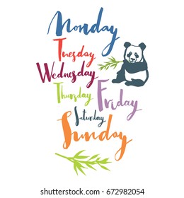 Panda font Days of the week Handwritten calligraphy Colorful set
