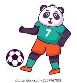 A panda football game. Score a goal.Draw paths for the ball. Cute animal.Soccer player panda bear.Isolated on white background.Character cartoon vector illustration.