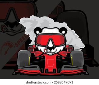 panda formula.
A cool panda driving a formula car with a very serious expression.
This image is very suitable for use as a wallpaper, product advertisement, business identity, t-shirt screen printing 