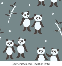 Panda friends in grey background seamless pattern cute illustration