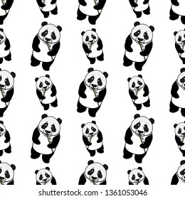 Panda full length seamless pattern. Vector hand drawn illustration isolated on white background.