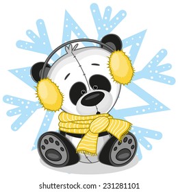 Panda in a fur headphones on the background of snowflake 