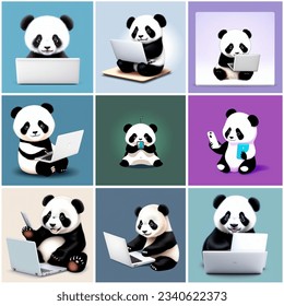 Panda and gadget cartoon vector in square grids
