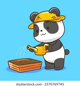 Panda gardener watering plants, eco-friendly illustration.