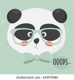 Panda geek boy with a face expression of a surprise or feeling sorry about a mistake or slight accident. Vector illustration of a panda oops face is great as emoji, emoticon, poster.