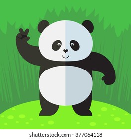 Panda gesturing victory. Flat style vector illustration on Green background. National emblem of China