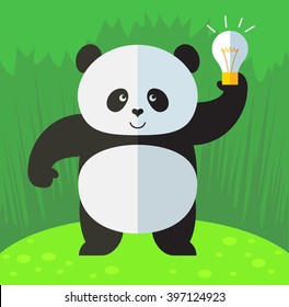 Panda gets the idea holding bulb. Flat style vector illustration on Green background. National emblem of China