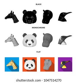 Panda, giraffe, hippopotamus, penguin, Realistic animals set collection icons in black, flat, monochrome style vector symbol stock illustration web.