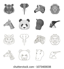 Panda, giraffe, hippopotamus, penguin, Realistic animals set collection icons in outline,monochrome style vector symbol stock illustration web.