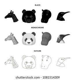 Panda, giraffe, hippopotamus, penguin, Realistic animals set collection icons in black,monochrome,outline style vector symbol stock illustration web.