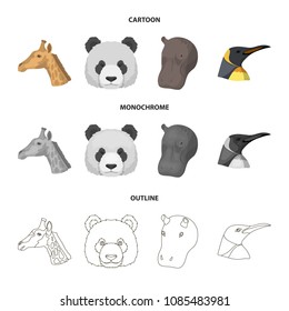 Panda, giraffe, hippopotamus, penguin, Realistic animals set collection icons in cartoon,outline,monochrome style vector symbol stock illustration web.