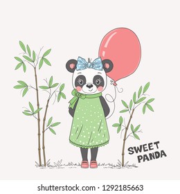 Panda girl with balloon, bamboo. Cute vector illustration