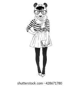 panda girl dressed up in frock, furry art illustration, fashion animals, hipster animals