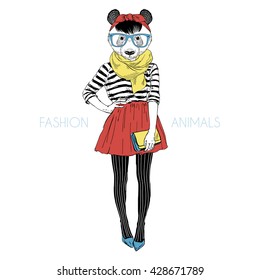 panda girl dressed up in frock, furry art illustration, fashion animals, hipster animals