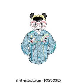 panda girl dressed up in retro denim jacket, anthropomorphic animal illustration
