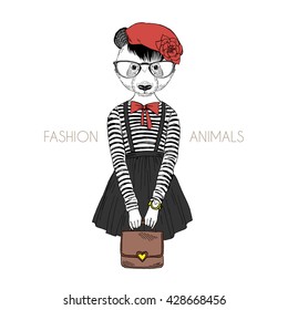 panda girls dressed up in french chic style, furry art illustration, fashion animals, hipster animals