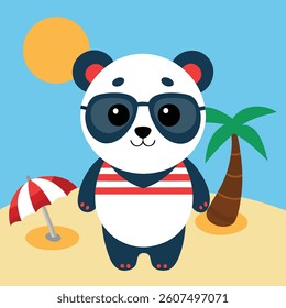 panda with glass chill enjoying beach
