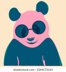 Panda in glasses. Avatar, badge, poster, logo templates, print. Vector illustration in a minimalist style  with Riso print effect. Flat cartoon style