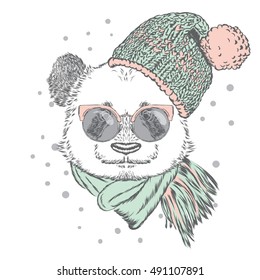 Panda with glasses, hat and scarf. Vector illustration for greeting card, poster, or print on clothes. Christmas and New Year. Winter.