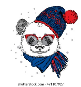 Panda with glasses, hat and scarf. Vector illustration for greeting card, poster, or print on clothes. Christmas and New Year. Winter.
